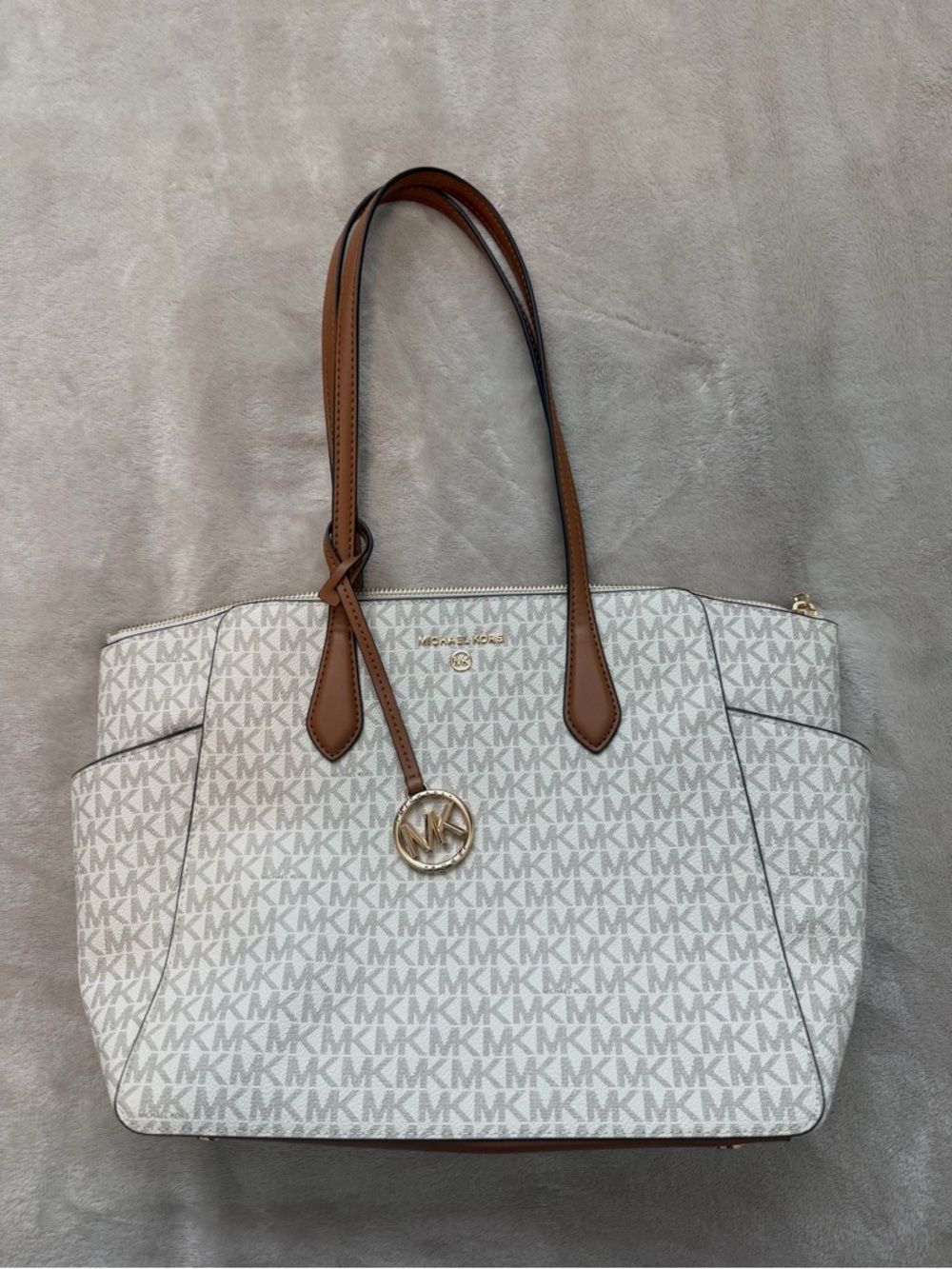 Michael Kors White MK Logo Tote with Brown Trim
